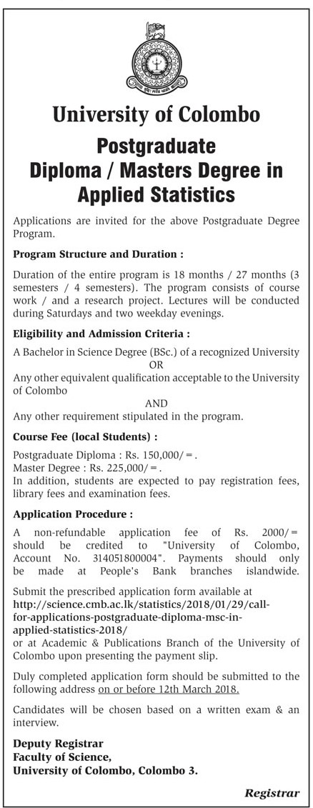 Postgraduate Diploma / Masterâ€™s Degree in Applied Statistics - University of Colombo